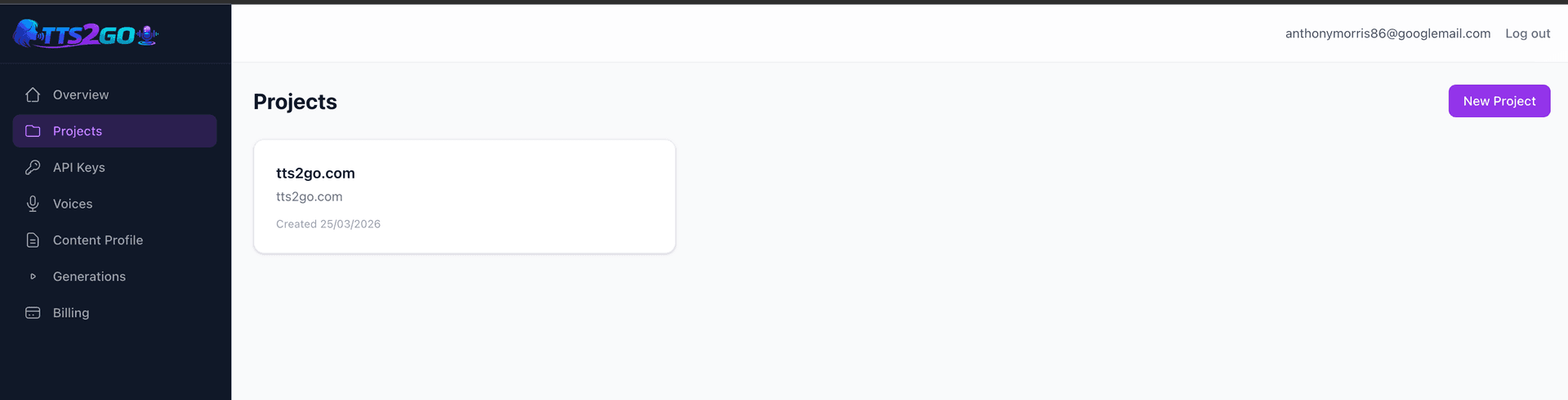 Create a project in the TTS2Go dashboard
