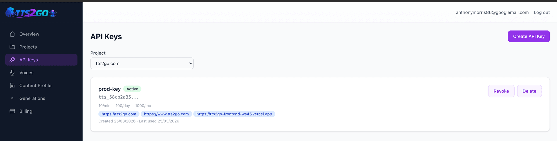 Create an API key in the TTS2Go dashboard